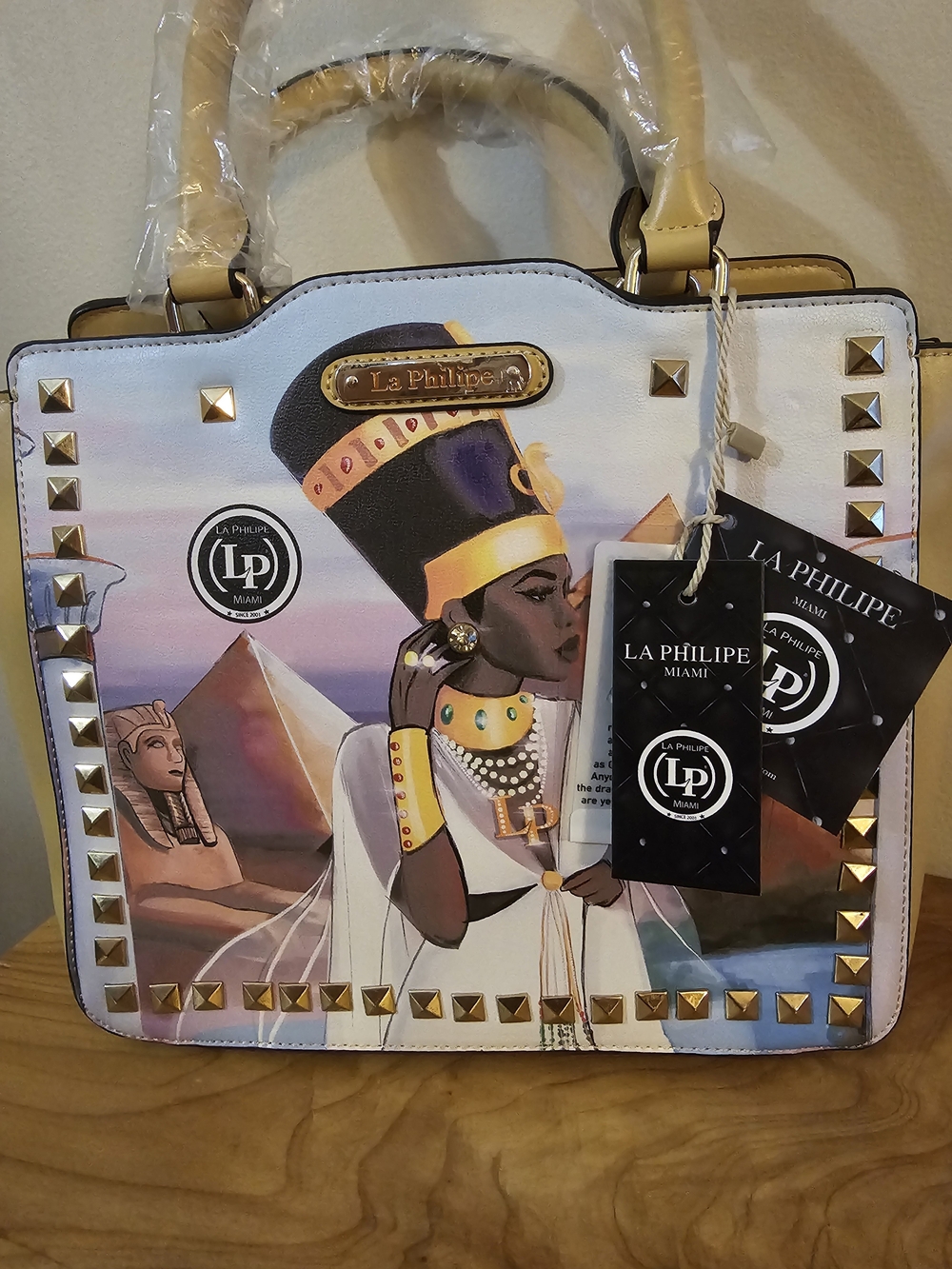La Philipe Miami Egyptian Queen Pyramid Graphic Satchel Handbag - Picture 3 of 5